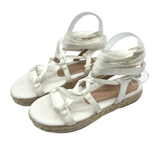 Stuart Weitzman Altdup Canvas Espadrille Wrap Sandals Cream Straps Size 7B - Picture 4 of 8